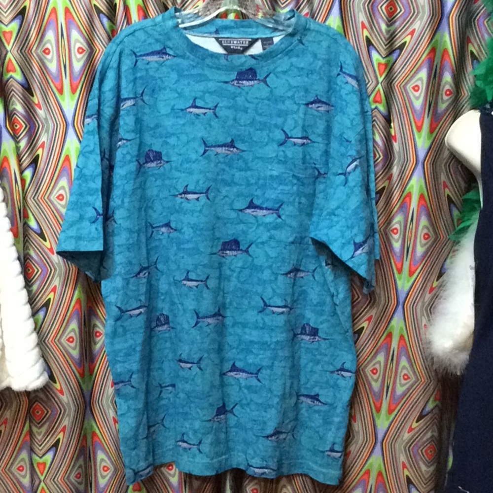 Vintage Marlin Swordfish Print Blue Shirt Sz Large